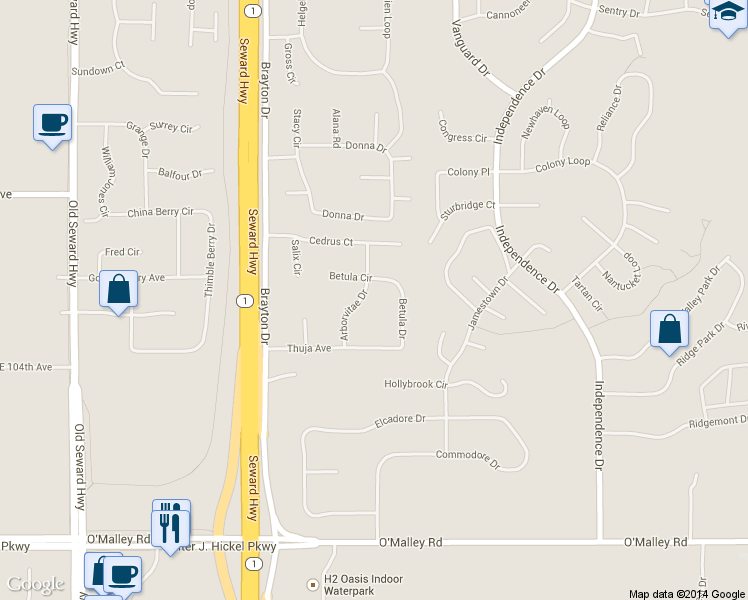 map of restaurants, bars, coffee shops, grocery stores, and more near 10251 Arborvitae Drive in Anchorage