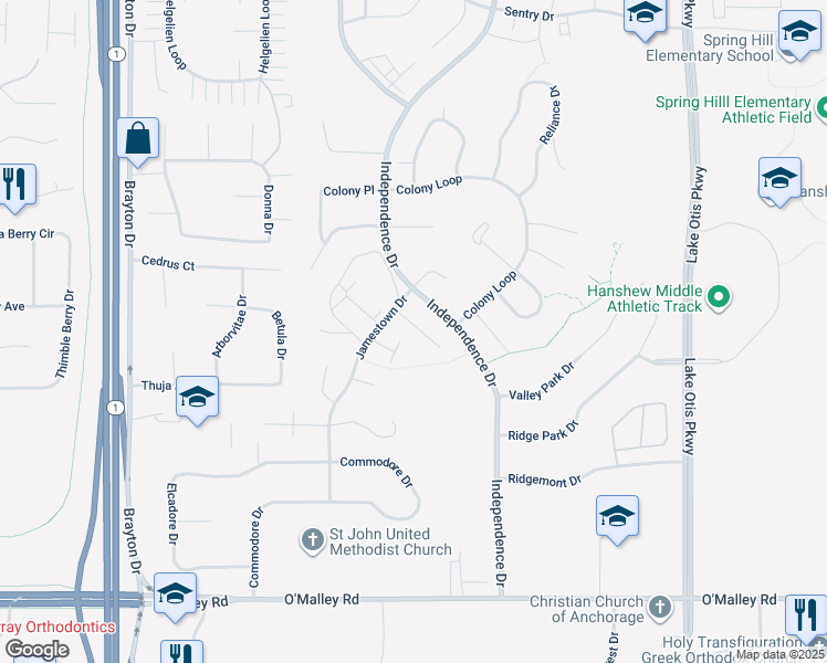 map of restaurants, bars, coffee shops, grocery stores, and more near 10219 Jamestown Drive in Anchorage