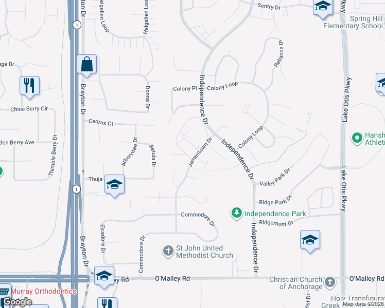 map of restaurants, bars, coffee shops, grocery stores, and more near 10290 Jamestown Drive in Anchorage