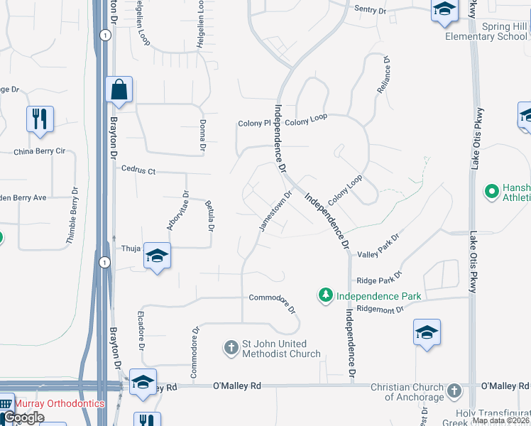 map of restaurants, bars, coffee shops, grocery stores, and more near 10290 Jamestown Drive in Anchorage