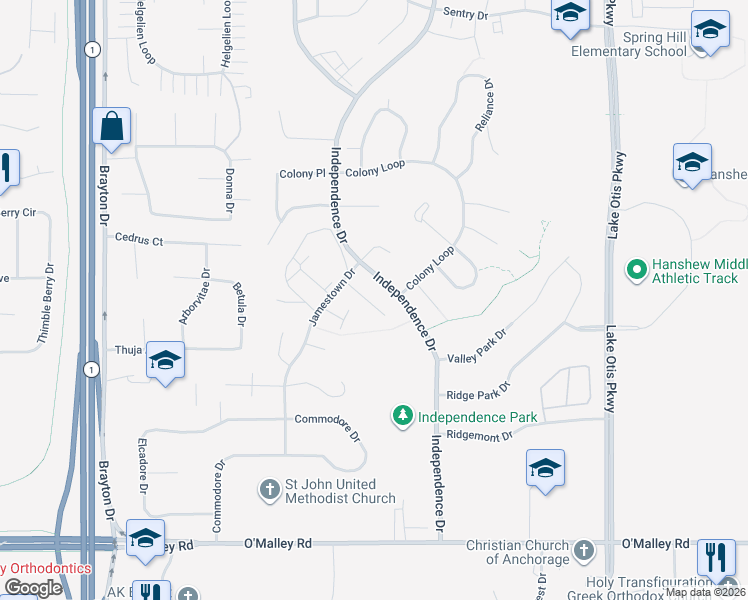 map of restaurants, bars, coffee shops, grocery stores, and more near 10263 Jamestown Drive in Anchorage