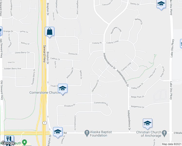 map of restaurants, bars, coffee shops, grocery stores, and more near 10282 Jamestown Drive in Anchorage