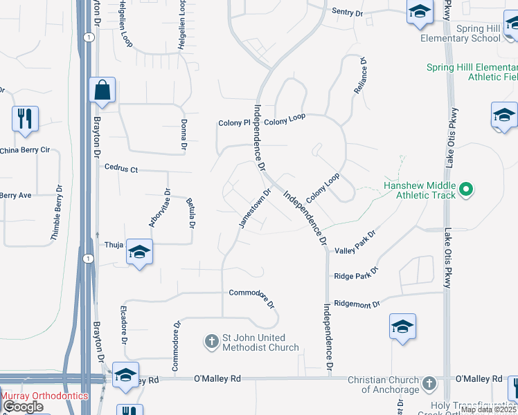 map of restaurants, bars, coffee shops, grocery stores, and more near 10253 Jamestown Drive in Anchorage
