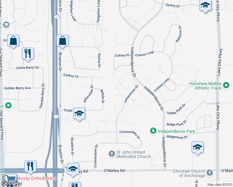 map of restaurants, bars, coffee shops, grocery stores, and more near 10282 Jamestown Drive in Anchorage