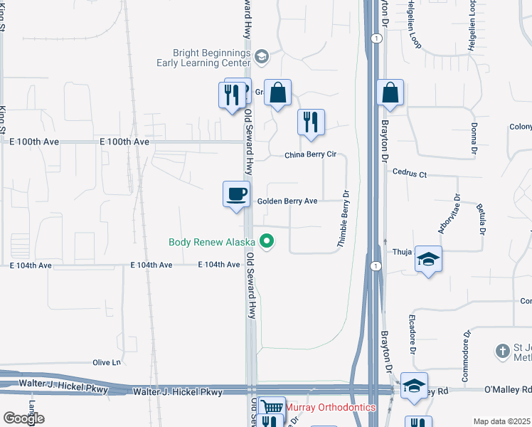 map of restaurants, bars, coffee shops, grocery stores, and more near 1047 Lingon Berry Court in Anchorage