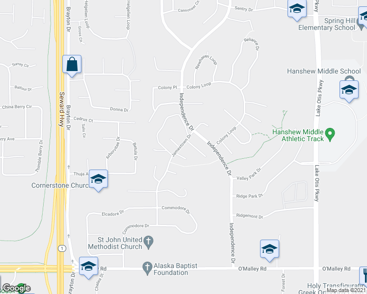map of restaurants, bars, coffee shops, grocery stores, and more near 10253 Jamestown Drive in Anchorage