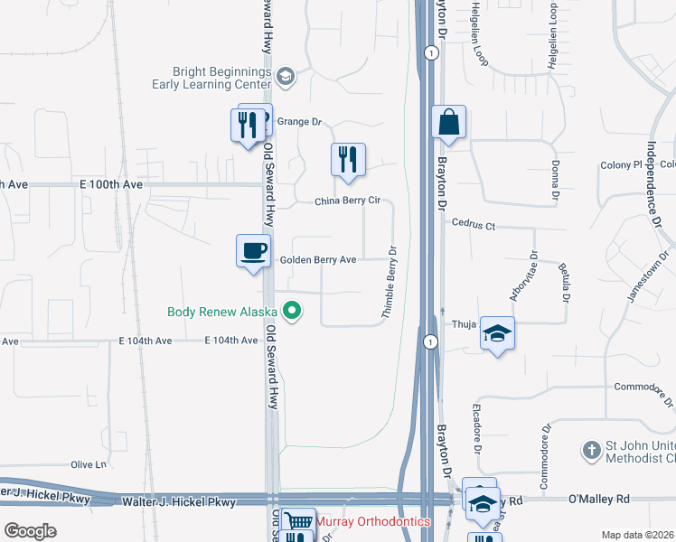 map of restaurants, bars, coffee shops, grocery stores, and more near 1141 Crow Berry Circle in Anchorage