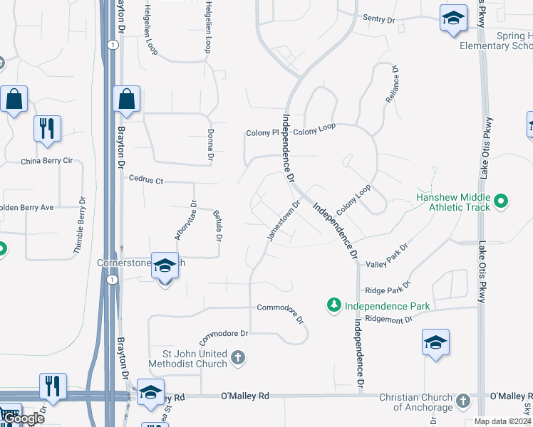 map of restaurants, bars, coffee shops, grocery stores, and more near 10260 Jamestown Drive in Anchorage