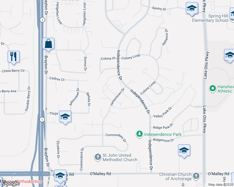map of restaurants, bars, coffee shops, grocery stores, and more near 10253 Jamestown Drive in Anchorage