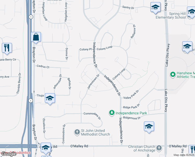 map of restaurants, bars, coffee shops, grocery stores, and more near 10253 Jamestown Drive in Anchorage