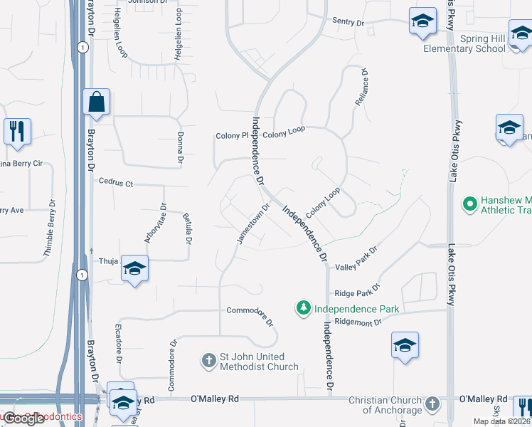 map of restaurants, bars, coffee shops, grocery stores, and more near 10253 Jamestown Drive in Anchorage