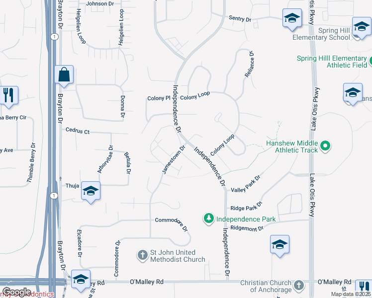 map of restaurants, bars, coffee shops, grocery stores, and more near 10253 Jamestown Drive in Anchorage