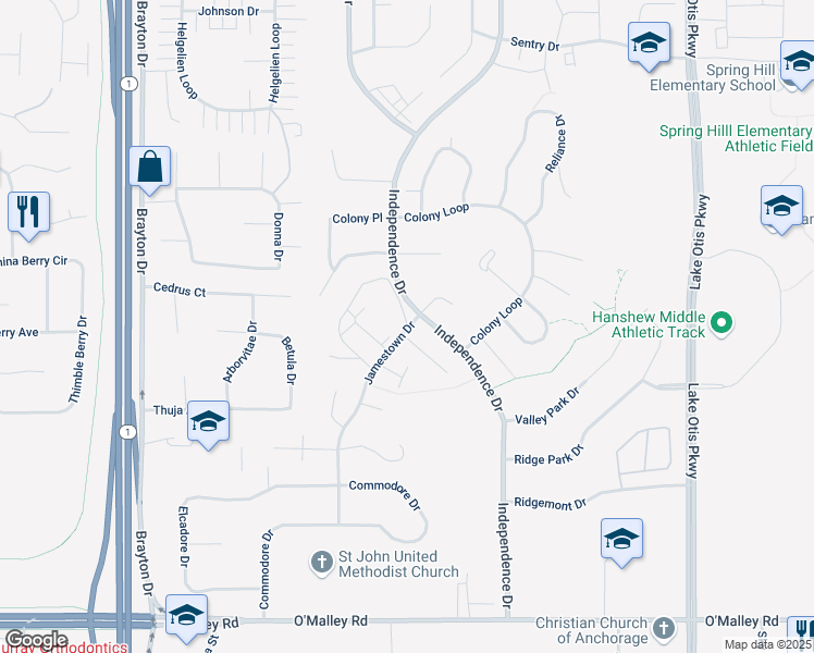 map of restaurants, bars, coffee shops, grocery stores, and more near 10219 Jamestown Drive in Anchorage