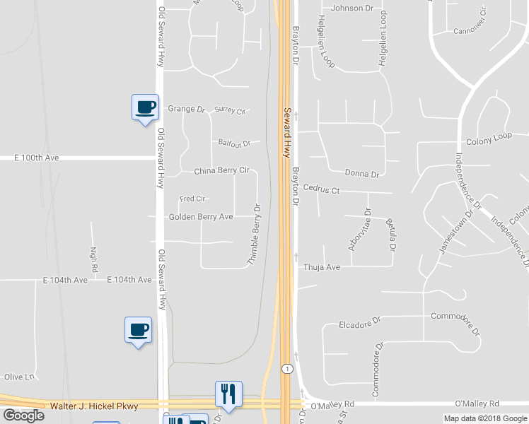 map of restaurants, bars, coffee shops, grocery stores, and more near 10133 Thimble Berry Drive in Anchorage