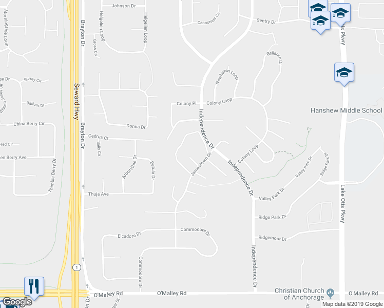 map of restaurants, bars, coffee shops, grocery stores, and more near 10290 Jamestown Drive in Anchorage