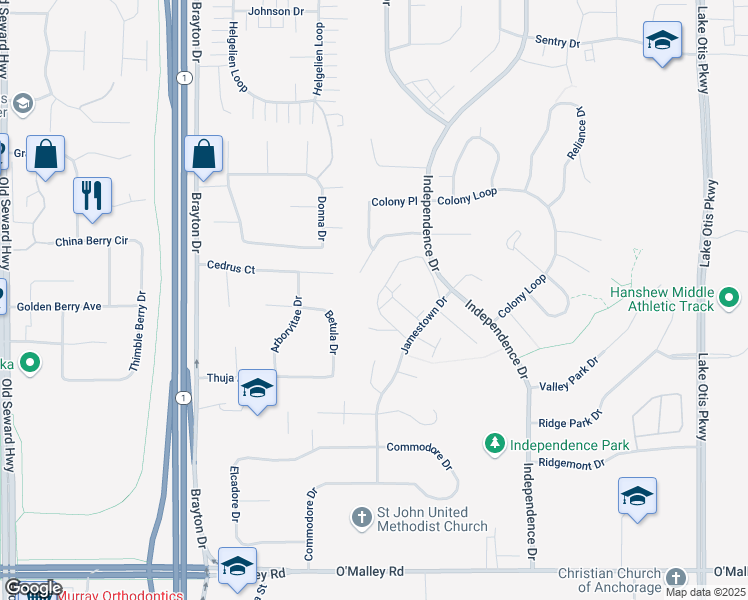 map of restaurants, bars, coffee shops, grocery stores, and more near 10282 Jamestown Drive in Anchorage