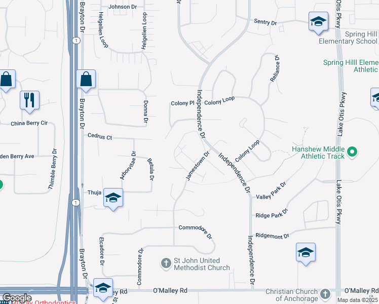 map of restaurants, bars, coffee shops, grocery stores, and more near 10290 Jamestown Drive in Anchorage