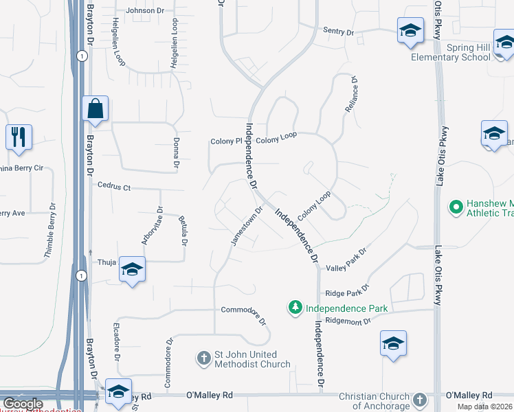 map of restaurants, bars, coffee shops, grocery stores, and more near 10207 Jamestown Drive in Anchorage