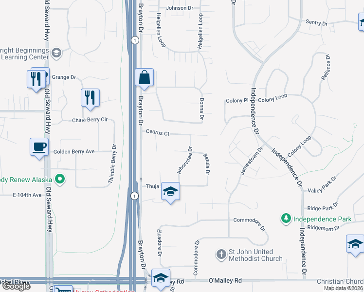 map of restaurants, bars, coffee shops, grocery stores, and more near 1661 Cedrus Court in Anchorage