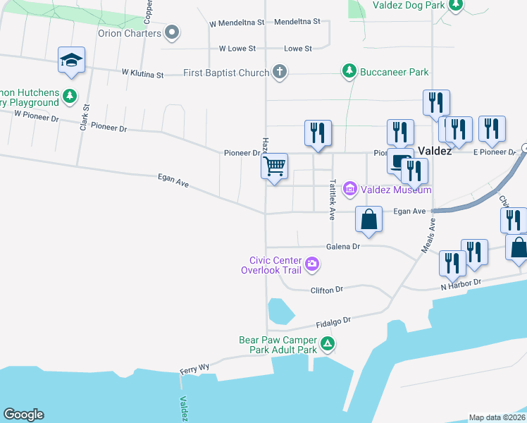 map of restaurants, bars, coffee shops, grocery stores, and more near 321 Egan Avenue in Valdez