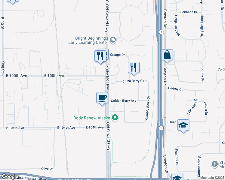 map of restaurants, bars, coffee shops, grocery stores, and more near 1025 Fred Circle in Anchorage