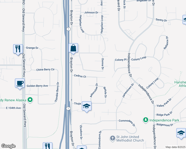 map of restaurants, bars, coffee shops, grocery stores, and more near 1661 Cedrus Court in Anchorage