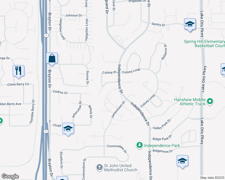 map of restaurants, bars, coffee shops, grocery stores, and more near 10230 Independence Drive in Anchorage
