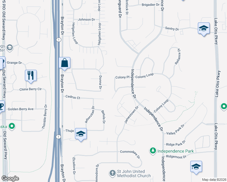 map of restaurants, bars, coffee shops, grocery stores, and more near 1813 Sturbridge Court in Anchorage