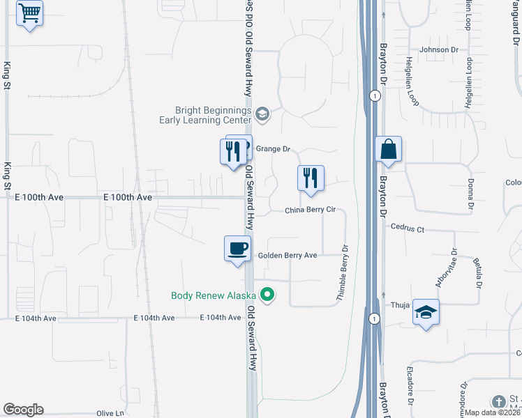 map of restaurants, bars, coffee shops, grocery stores, and more near 10040 William Jones Circle in Anchorage