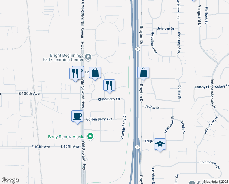 map of restaurants, bars, coffee shops, grocery stores, and more near 1231 Balfour Drive in Anchorage