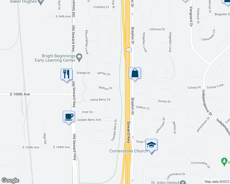 map of restaurants, bars, coffee shops, grocery stores, and more near 1300 Balfour Drive in Anchorage