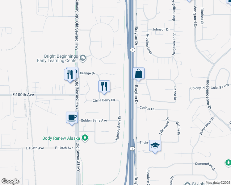map of restaurants, bars, coffee shops, grocery stores, and more near 1250 Balfour Drive in Anchorage