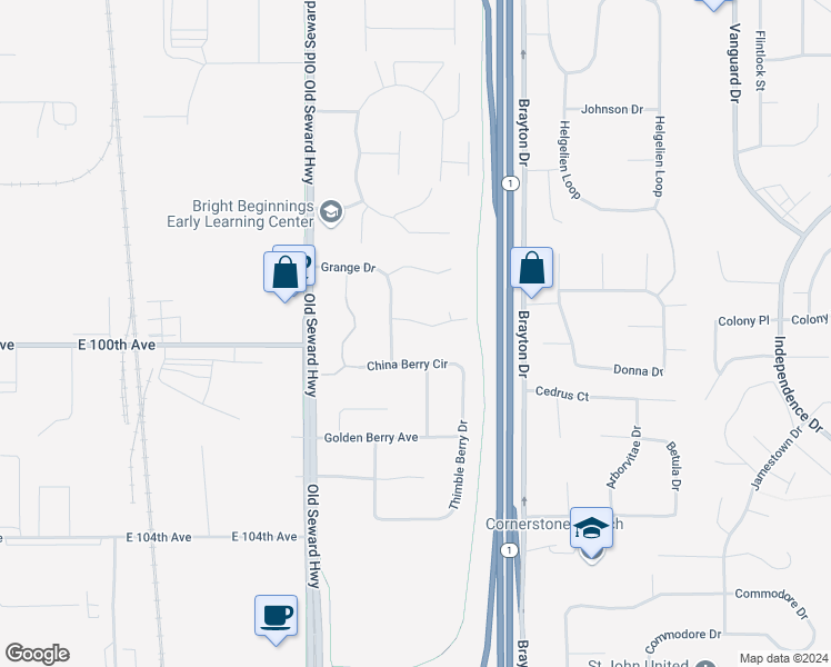 map of restaurants, bars, coffee shops, grocery stores, and more near 9901 Grange Drive in Anchorage