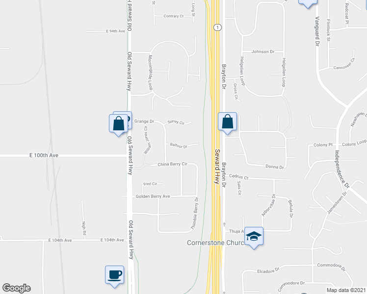 map of restaurants, bars, coffee shops, grocery stores, and more near 1221 Balfour Drive in Anchorage