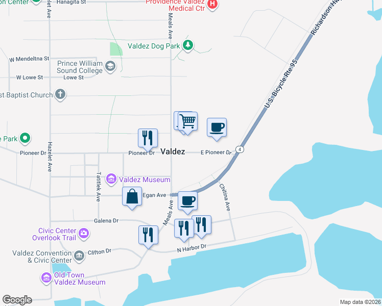 map of restaurants, bars, coffee shops, grocery stores, and more near 1313 Meals Avenue in Valdez