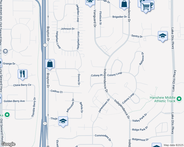 map of restaurants, bars, coffee shops, grocery stores, and more near 1901 Colony Place in Anchorage