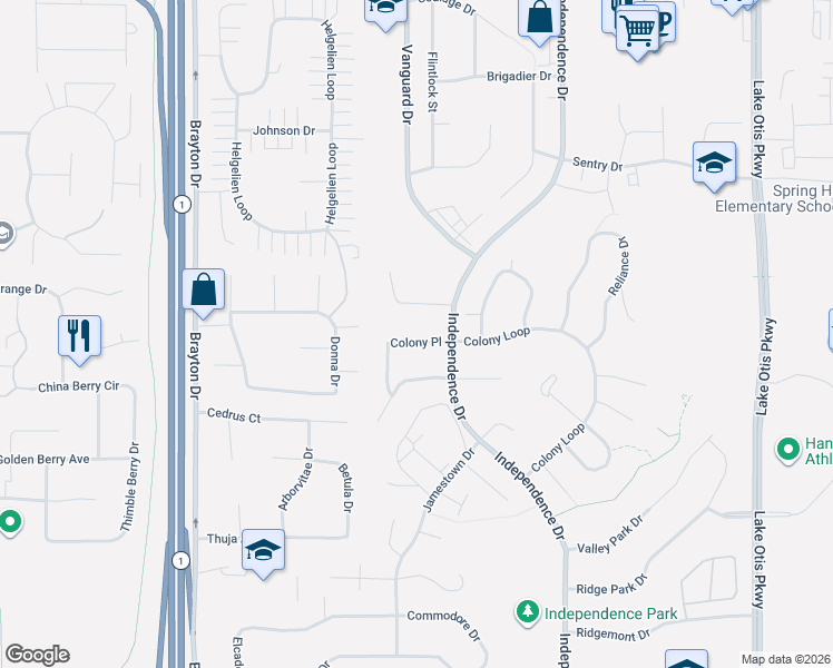 map of restaurants, bars, coffee shops, grocery stores, and more near 1929 Colony Place in Anchorage