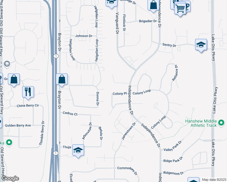 map of restaurants, bars, coffee shops, grocery stores, and more near 1901 Colony Place in Anchorage