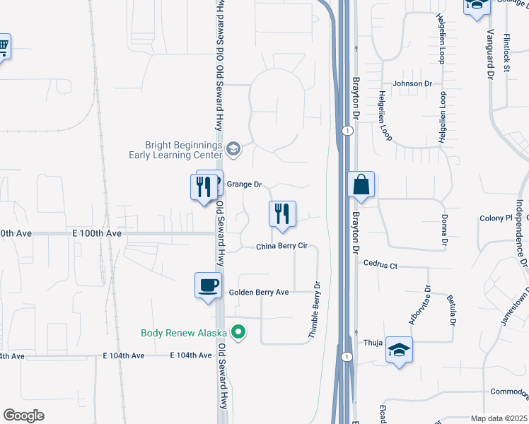 map of restaurants, bars, coffee shops, grocery stores, and more near 9905 William Jones Circle in Anchorage