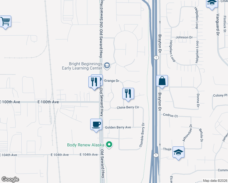 map of restaurants, bars, coffee shops, grocery stores, and more near 9905 William Jones Circle in Anchorage