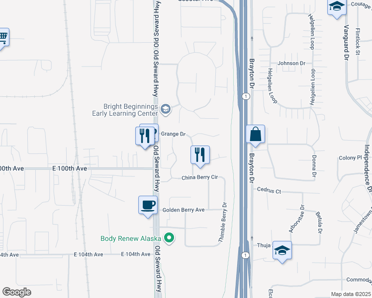 map of restaurants, bars, coffee shops, grocery stores, and more near 9905 William Jones Circle in Anchorage