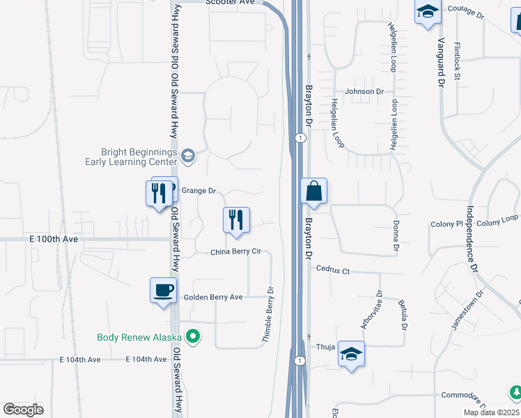 map of restaurants, bars, coffee shops, grocery stores, and more near 1251 Balfour Drive in Anchorage