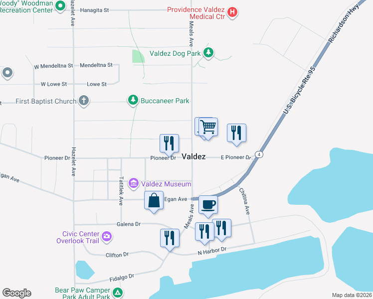 map of restaurants, bars, coffee shops, grocery stores, and more near 105 Pioneer Drive in Valdez
