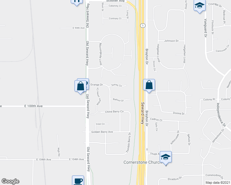 map of restaurants, bars, coffee shops, grocery stores, and more near 9901 Grange Drive in Anchorage