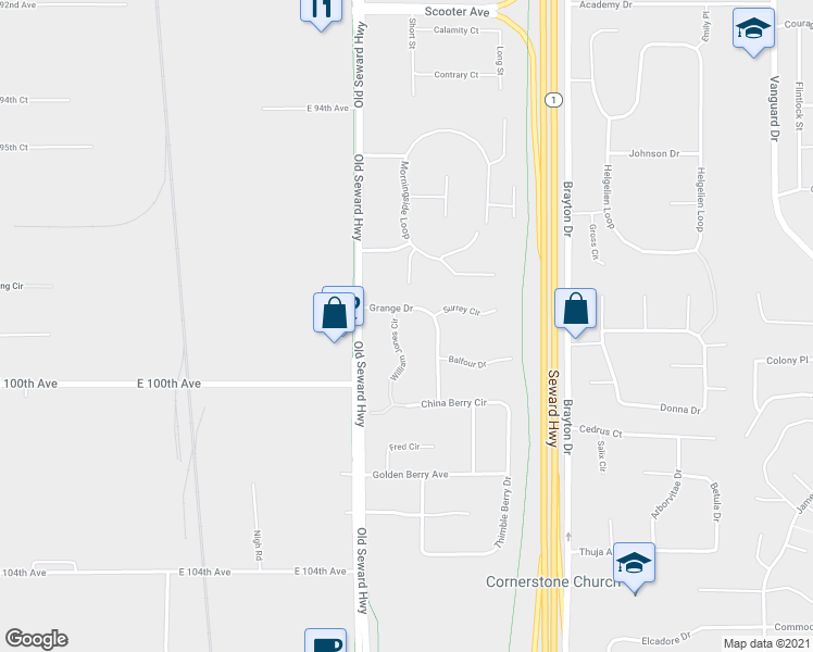 map of restaurants, bars, coffee shops, grocery stores, and more near 9815 William Jones Circle in Anchorage