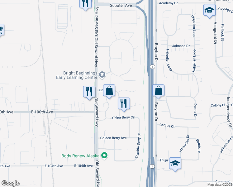 map of restaurants, bars, coffee shops, grocery stores, and more near 9901 Grange Drive in Anchorage