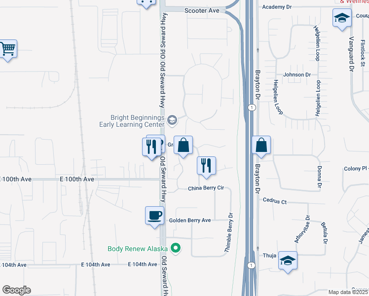 map of restaurants, bars, coffee shops, grocery stores, and more near 9905 William Jones Circle in Anchorage