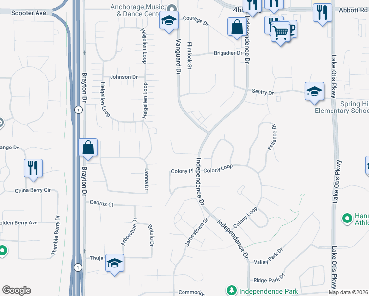 map of restaurants, bars, coffee shops, grocery stores, and more near 1911 Congress Circle in Anchorage