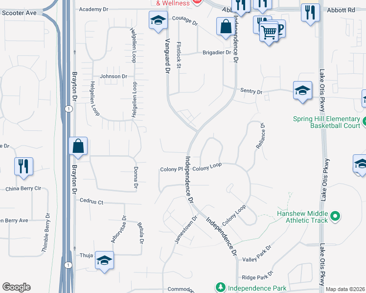 map of restaurants, bars, coffee shops, grocery stores, and more near 9607 Newhaven Loop in Anchorage