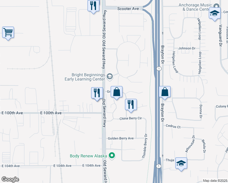map of restaurants, bars, coffee shops, grocery stores, and more near 9000 William Jones Circle in Anchorage